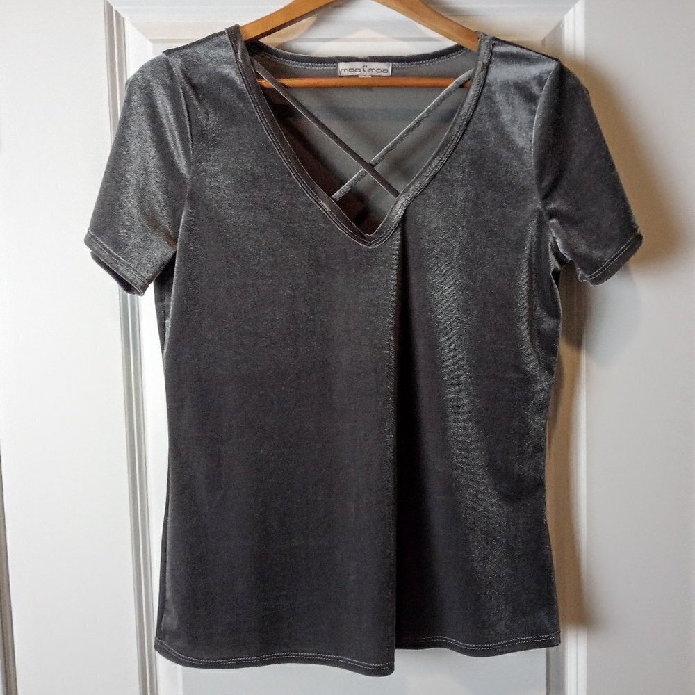 Moa Moa Grey Velour Crossover Short-Sleeve Top